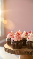 Chocolate cupcakes with pink frosting and heart sprinkles on wooden stand with warm bokeh lighting for Valentine's Day celebration and romantic desserts.