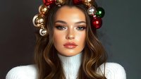 Young Caucasian woman with wavy brown hair wearing white turtleneck sweater and Christmas ornament crown. Festive holiday beauty portrait with glamorous makeup.