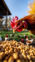 Close-up of red rooster with bright comb eating corn kernels on farm, other chickens in blurred background. Natural lighting and shallow depth of field.