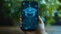 Glowing graduation cap hologram displayed on smartphone screen with bokeh background, representing digital education and e-learning technology advancement.