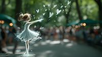 Magical glowing ballerina silhouette dancing in park with floating heart shapes, ethereal light effects on blurred bokeh background. For fairy tale illustrations.