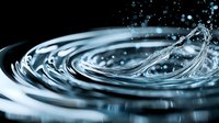 Water drop impact creating concentric ripples and splash crown with floating droplets on dark surface. Dynamic liquid motion captured in monochromatic blue tones.