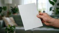 Hand holding blank white paper sheet in modern living room with green plants and natural light for mockup and branding purposes.