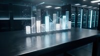 Holographic cityscape skyline projection on table in modern server room with data center racks, representing urban development, smart city technology, and digital infrastructure visualization.
