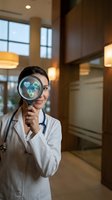 Female Caucasian doctor holding magnifying glass with glowing medical icons, smiling in modern hospital lobby, healthcare research concept.