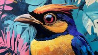 Colorful bird with vibrant blue, yellow, and orange plumage perched among tropical foliage. Isolated artwork suitable for prints, apparel, and design projects.