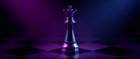 Chess king piece standing on checkered board with dramatic purple and blue lighting creating strategic game atmosphere for business concepts.