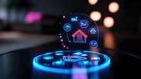 Futuristic smart home hologram display with glowing blue icons and connected house features floating above illuminated circular platform. Modern home automation concept.