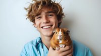 Young male veterinarian in blue scrubs holding adorable ginger guinea pig against light background, showcasing professional pet care and animal healthcare services.