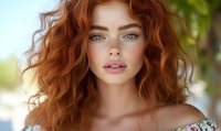 Young woman with natural red curly hair and freckles gazing at camera with soft expression against blurred nature background, wearing floral off-shoulder dress.