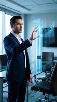 Professional businessman interacting with holographic data visualization and financial charts in modern office environment for business analytics presentations.