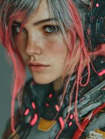Close-up portrait of young woman with pink and gray hair, freckles, and green eyes wearing futuristic cyberpunk armor with glowing red accents.