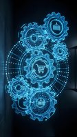 Digital holographic gears with shopping cart and delivery icons floating in futuristic blue light representing automated e-commerce and logistics technology.