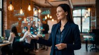 Professional businesswoman interacting with holographic digital interface displaying network connections and data analytics in modern office environment.