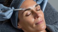 Middle-aged Caucasian woman receiving eyebrow shaping treatment at beauty salon, relaxed with eyes closed during professional grooming procedure.