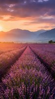 Lavender field rows stretching toward mountains at golden hour sunset with dramatic purple and orange sky creating peaceful agricultural landscape.