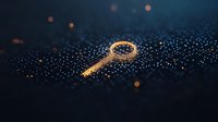 Golden vintage key lying on dark textured surface with glowing bokeh lights and sparkles creating magical atmosphere for success and opportunity concepts.