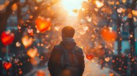 Silhouette of person with backpack walking in winter forest during sunset with magical heart bokeh overlay, perfect for romantic valentine cards and social media posts.