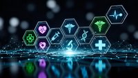 Digital healthcare technology concept with glowing medical icons in hexagonal interface elements floating above futuristic network grid background.