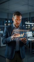 Middle-aged Caucasian businessman analyzing holographic financial data charts on transparent tablet in modern office at night for business analytics.
