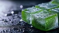 Frozen green ice cubes with frost and water drops on dark background, macro photography with selective focus and bokeh effect for refreshing drinks.