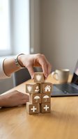 Businesswoman stacking wooden blocks with insurance icons including home, health, life and umbrella coverage symbols on office desk for financial planning.