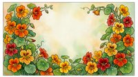 Watercolor nasturtium floral frame with orange, red, and yellow blooms on soft green background, copy space for text or greeting card design.