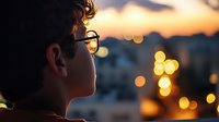 Young Caucasian man in glasses gazing at sunset cityscape with blurred bokeh lights, side view profile against golden hour sky, contemplative peaceful moment.