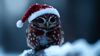 Adorable spotted owl wearing red Santa hat sitting in snow during winter season, festive holiday nature photography with moody dark background and bokeh effect.