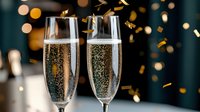 Sparkling champagne flutes with golden confetti falling against dark background with bokeh lights. Celebration atmosphere for festive occasions.