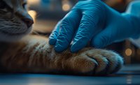 Veterinarian in blue medical gloves examining cat paw during checkup, close-up view in dark ambient lighting. Professional pet healthcare concept.