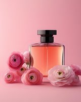 Elegant perfume bottle with pink ranunculus flowers on pink background, luxury fragrance product photography for cosmetic and beauty advertising.