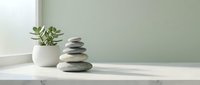 Zen spa stones balanced on white surface with succulent plant in pot, creating peaceful meditation and wellness atmosphere for relaxation and mindfulness.
