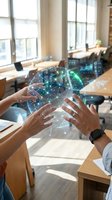 Business team hands reaching toward holographic digital globe with network connections and data analytics in modern office workspace for collaboration.
