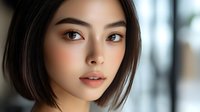 Young Asian woman with short bob haircut and natural makeup looking directly at camera with soft blurred background, perfect for beauty and skincare advertising.