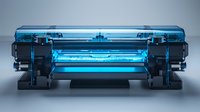 Ultraviolet germicidal lamp with transparent housing showing internal mechanism and blue glowing light against dark background for air and surface disinfection.