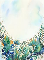 Watercolor tropical frame with teal and gold botanical leaves, flowers, and swirls, with copy space for text or design use.
