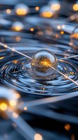 Crystal sphere floating on rippled water surface with glowing lights and reflections creating magical atmosphere. Perfect for spiritual or wellness designs.