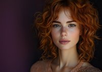 Young woman with natural red curly hair, freckles, and green eyes against dark background wearing soft pink sweater. Close-up portrait showcasing natural beauty.