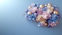 Delicate pastel hydrangea flowers arrangement with pearls and crystal beads on blue background, soft romantic composition in pink, blue and beige tones.
