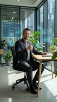 Confident businessman giving thumbs up in modern office with holographic data analytics displays and cybersecurity shields for digital transformation success.