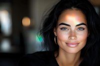 Young woman with radiant smile and glowing natural makeup against blurred background, showcasing fresh, healthy skin and long dark hair. Perfect for beauty and wellness content.