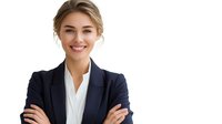 Young professional businesswoman in navy blazer and white blouse smiling confidently with arms crossed, isolated on white background for corporate and business marketing.
