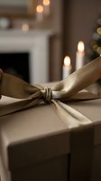 Elegant gift box wrapped in kraft paper with a satin gold ribbon bow, candles and fireplace glowing softly in the background.
