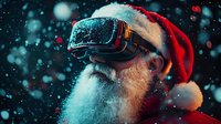 Senior man with white beard wearing virtual reality headset and red Santa hat against dark background with falling snow and bokeh lights for holiday season.