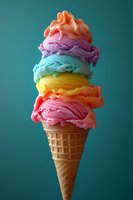 Colorful rainbow ice cream scoops stacked high in waffle cone against turquoise background, featuring vibrant layers of pink, orange, yellow, blue and purple frozen dessert.