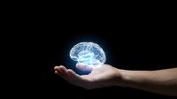 Human hand holding glowing holographic brain with neural networks on dark background representing artificial intelligence and neuroscience concepts.