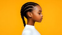 Young African American woman with braided hairstyle in white turtleneck shown in profile against vibrant orange background, eyes closed in serene expression.