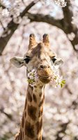 Giraffe eating white spring blossoms from flowering tree branches, wildlife animal portrait with natural blooming background for nature and animal themes.