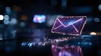 Glowing neon envelope icon with sparkles floating above reflective surface in dark background with bokeh lights. Digital communication concept.